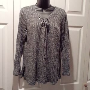 Chenault junior black heathered ribbed knit top with lace up detail